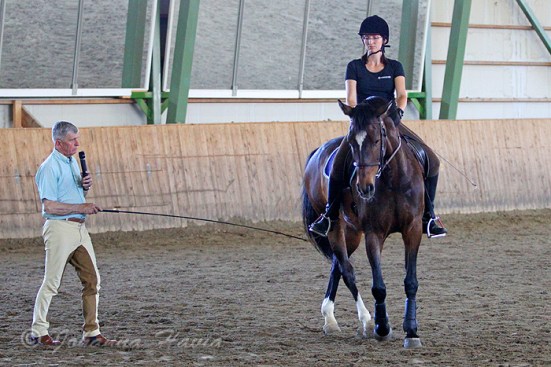 Tässä kuvassa takaosan siirtoa ympyrän ulkopuolelle tehdään eversti Carden avustuksella. Liike ei vielä ole ehtinyt vaikuttaa hevosen liikkumistapaan, luultavasti jo seuraavassa askeleessa hevonen pyrkisi venyttämään ylälinjaansa kohti kuolaintuntumaa.